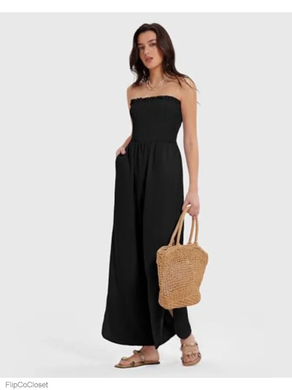 Women's Linen Blend Strapless Wide Leg Jumpsuit Romper Resort Vacation